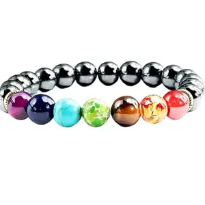 RRJEWELZ Natural 7 Chakra Stone & Hematite 8mm Round Shape Smooth Cut Beads 7.5 Inch Stretchable Bracelet For Men & Women. Unisex Bracelet For Healing, Meditation, Prosperity, Gift & Luck|STBR_RR_09572_7.5
