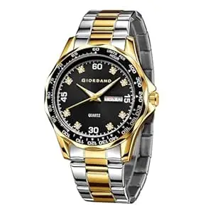 Giordano Two-Tone Analog Watch for Men - Crystal Hour Markers, Textured Bezel Design, Day & Date Display, Stainless Steel Strap, Quartz Movement