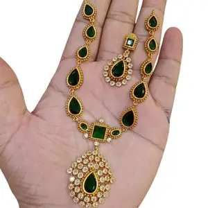 Traditional Gold-Plated Necklace Set with Green Stones and Crystal Accents, Teardrop Design