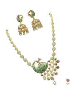 KGRSplash Premium Gold Plated AD Studded Peacock Choker Necklace with Earring Jewellery Set for Women, Green