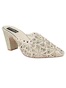 Shoetopia Women's Golden Embroidered Block Heel Mules – Ethnic Slip-On Sandals with Glitter Finish and Cutwork Detailing EU40