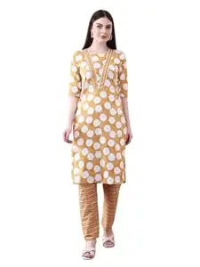 KRIDHAA FASHION BOUTIQUE Women's Kurta Set with Pants, Mustard Yellow with White Polka Dots, Cotton Blend, Traditional Indian Ethnic Wear