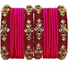 HARSHAS India Craft Silk Thread Bangles New Model Plastic with Pink Color Bangle Set for Women & Girls (Maroon) (Pack of 16) (Size-2/12)