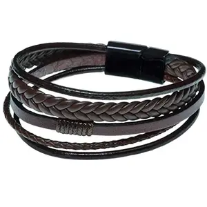 THE MEN THING Leather Bracelet for Men - American Style Brown Genuine Leather Multi-Layer Braided Bracelet with 100% Stainless Steel Magnetic Buckle for Men & Boys (8inch)