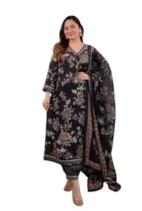 9TEEZ Women's Cotton Floral Printed Straight Kurti With Afghani Style Pant and Dupatta Set (Black)