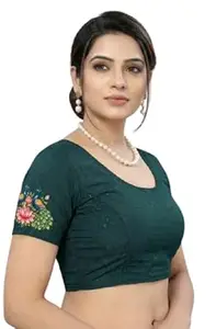 PAARTH ENTERPRISE Women Cotton Blend Peacock Print Readymade Saree Blouse Round Neck Short Sleeve Party