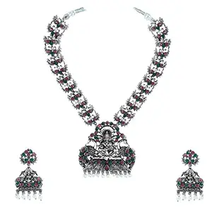 I Jewels Navratri Ethnic Silver Plated Traditional Black Stone Temple Jewellery Long Necklace With Earrings For Women & Girls (MC126ZQG)