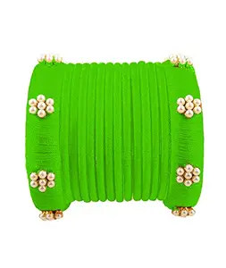 HABSA HABSA Hand Made Fancy Festival Silk Thread Bangles Plastic Bangle Set for Women (Parrot Green) (Pack of 14) (Size-2/0)