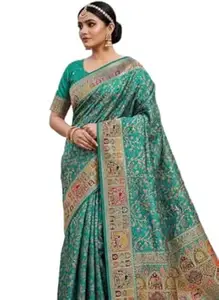 Glory Sarees Women's Kashmiri Pashmina Pure Silk Meenakari Woven Saree With Blouse Piece (Pashmina_Silk101_Parent)