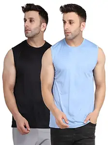 INDIZO Men's Regular Fit Sky Blue Black Sleeveless T-Shirt
