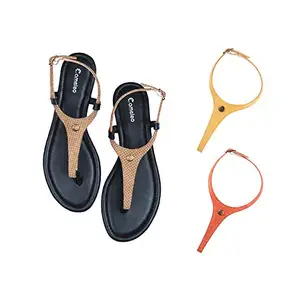 Cameleo -changes with You! Cameleo -changes with You! Women's Plural T-Strap Slingback Flat Sandals | 3-in-1 Interchangeable Strap Set | Brown-Polka-Dots-Leather-Yellow-Red