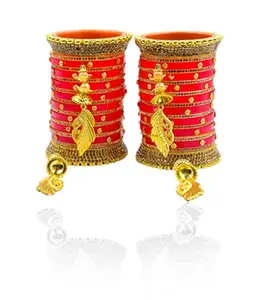 Alvo Bridal chura Rajasthani Rajputi Handcrafted Bangles Gold Plated Plastic and beads zircon studded Red Bridal Chuda Set for Women/Girls.