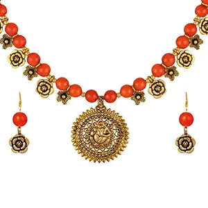 JFL - Jewellery for Less Gold Plated Floral Ganraj Pendant Beaded Necklace Set for Women and Girls(Orange),Valentine