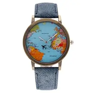 MINILUJIA Airplane Moving Flying World Map Watch with Blue Jeans Color Watch Band