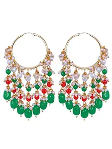 Crunchy Fashion Bollywood Traditional Indian Wedding Gold-Plated Red& Green Pearls Jhalar Bali Hoop Earrings for women/girls