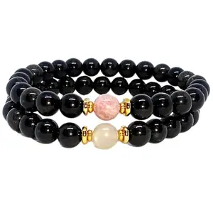 Lady Works black obsidian with sunstone & moonstone 8mm Round Smooth beads Long Distance Couples Love Friendship Combo Bracelet Set - Couples Relationship 6 inch Stretchable Bracelets set|LW_BRCP_058_6