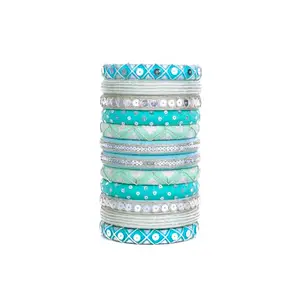 Taasha Craft Reva Cyan Hand Embroidered Colorful Bangles, Handcrafted Cotton Thread Bangle Set for Women & Girls Size 2.8 Set of (12 Bangles)