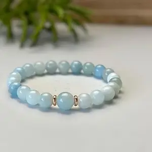 LKBEADS Natural Aquamarine 8-10mm Round Shape Smooth Cut Beads 7.5 inch Stretchable Bracelet for Men & Women.|STBR_RR_00866_7.5