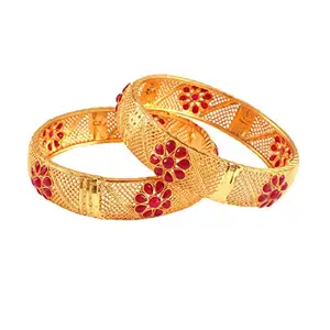 JewarHaat Bangles 2 Piece Kada Set Red Stones Gold Plated Daily Use Flower Design Handmade Work Jewelry for Women & Girls (2.6)
