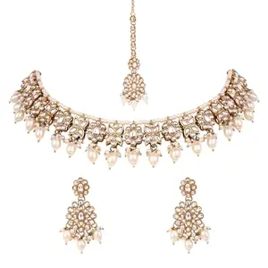 I Jewels Gold Plated Traditional Kundan Pearl Choker Necklace with Earrings & Maang Tikka for Women (K7308W)