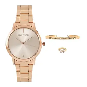 Joker & Witch Stainless Steel Shine Queen Love Triangle Women Analogue Watch Gift Sets, Rose Gold Dial, Rose Gold Band