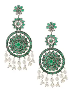 Anuradha Green Colour Stylish Oxidized Finish Long Silver Earrings For Women & Girls | Pearls Beads Jewellery | Garbha Jewellery