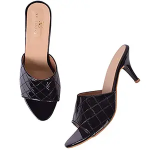 XE Looks Women's Black Elegant High Heel Sandals for Women | Glossy Quilted Upper with Comfortable Fit Heel Sandals For Girls & Women