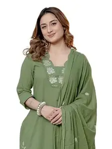 Arayna Women’s Pure Cotton Embroidered Kurta Pant Dupatta Set | Straight Kurta with Floral Embroidery | Ethnic Suit Set for Women