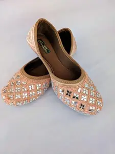 Punjab Women's Mirror Work Embellished Jutti, Traditional Peach Flats