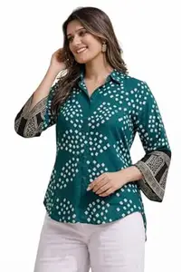 Women's Printed Shirt, Long Sleeve, Embroidered Cuffs, Collared Neck, Casual Ethnic Wear (in, Alpha, M, Regular, Red-Ajrakh)