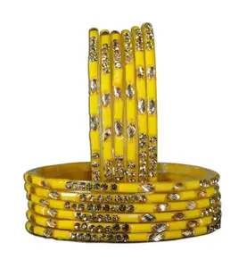 The Golden Cascade Traditional Design Glass Bangles for Women | Handcrafted with Beads & Stone Studded Chudi Set for Ladies (Yellow, 2.10)