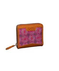 Amic - Pink Curve Print Vegan Leather and Jute Khadi Compact Wallet with Zip