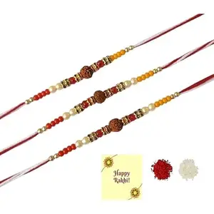 Avanti Creations Rudraksha Rakhi with Roli Chawal Pack | Designer Rudraksha Rakhee with Red Thread | Combo Set Of 3