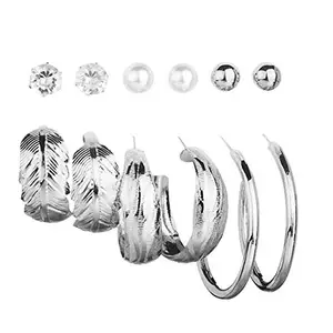 Shining Diva Fashion Latest Stylish Combo Design 6 Pairs Metal Earrings for Women and Girls (13100er), (Silver)