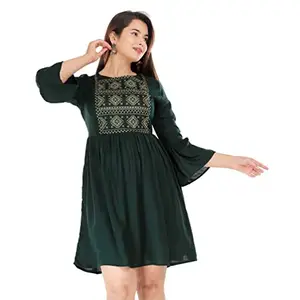 Women's Rayon Casual Bell Sleeves Embroidered Top (X-Large, Green)