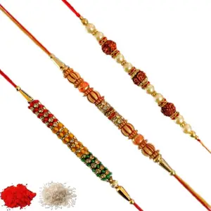 Rakhiya.com Designer Rakhi set of three, Multicolour rakhi, combo of three (set of 3), With Roli Chawal Packet 0213
