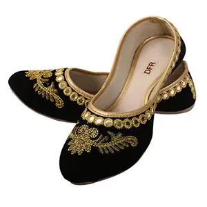 DFR Women's Jutti Velvet Bellies Juti Mojari Shoe, Color - Gold, UK Size - 8