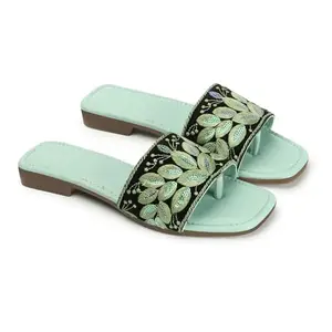 Naitik Women's Floral Embroidered Casual, Ethnic Flats Sandals Chappal Slippers for Ladies and Girls For Party Ocassion (Green)