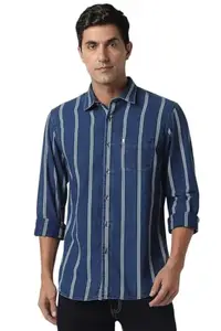 Peter England Men's Striped Slim Fit Shirt (PJSFDSLPF80562_Navy