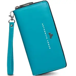 VEGAN Leather RFID Protected Teal Wallet/Purse/Clutch/Handbag with Metallic Zipper Closure for Women