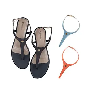 Cameleo -changes with You! Women's Plural T-Strap Slingback Flat Sandals | 3-in-1 Interchangeable Strap Set | Black-Light-Blue-Olive-Green
