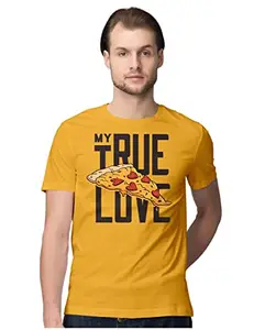 ALLEN BLACK Men's Regular Fit T-Shirt Pizza - My True Love 100% Cotton T-Shirt Golden Yellow_PIZZMTRLVE-Golden Yellow L Men Round_