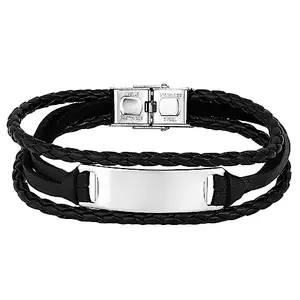 Peora Silver Plated Black Leather Openable Bracelet Fashion Casual Jewellery Gift for Men & Boys