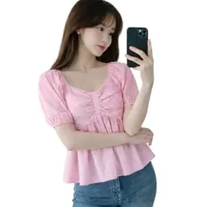 AREAL FASHION Women's Striped Puff Sleeve Peplum Top, V-Neck, Gathered Waist, Casual Summer Blouse
