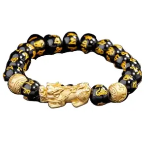DeepMines Om Mani Padme Hum Bracelet With Gold Platted Pi Xiu A1 Grade ब्लैक ओब्सीडीनं ब्रेसलेट Nilkanth Agate Bracelet Original Certified Tibetan Buddhist Handband For Women & Girls