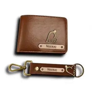NAVYA ROYAL ART Customized Wallet and Keychain Combo for Men | Personalized Wallet Keychain Set with Name Printed | Leather Name Wallet Keychain for Men | Customised Gifts for Men with Name & Charm (Brown)