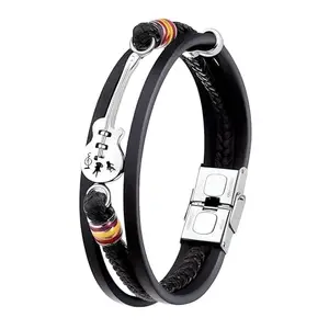 THE MEN THING GUITAR CHARM BLACK - Three Strand Genuine Leather Bracelet with Stainless Steel Magnetic Buckle for Men & Boy (8 inch)
