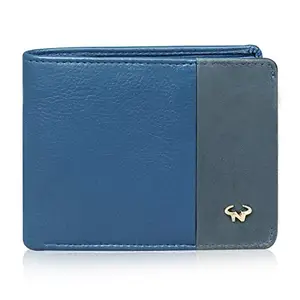Calfnero Men's Genuine Leather Wallet-Multiple Card Slots ID Window with Coin Pocket- Leather Wallet (Blue)