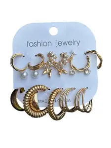 Fashion Earrings Set, 9 Pairs Gold-tone, Pearl and Butterfly Design, Multiple Hoop Styles