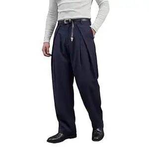 FUGAZEE Polyester Navy Pleated Korean Trousers | Straight Fit with Button Closure